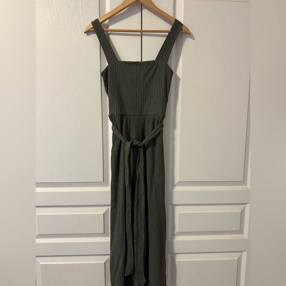 Dark Green Ribbed Knit Sweater Jumpsuit with Tie Waist, American Eagle, S